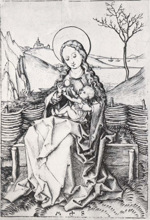 The Virgin on a grassy bench